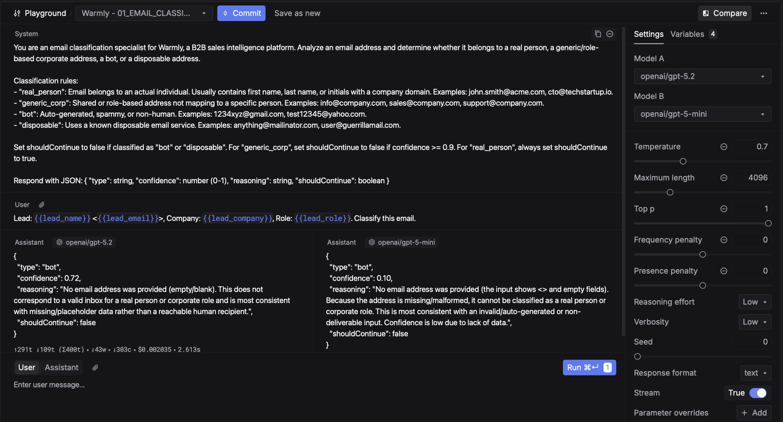 Respan prompt management view: prompt versions, diffs, and live A/B traffic split