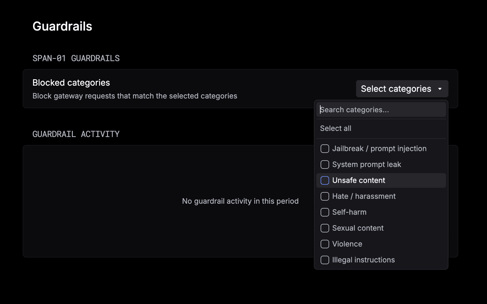 Guardrails page in the Respan platform. Under Span-01 Guardrails, the Blocked categories menu lists Jailbreak / prompt injection, System prompt leak, Unsafe content, Hate / harassment, Self-harm, Sexual content, Violence, and Illegal instructions.