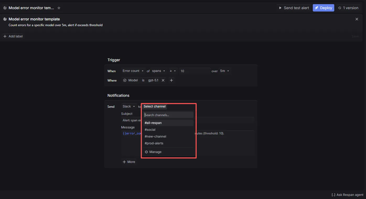 Channel picker dropdown for Slack notifications in Respan