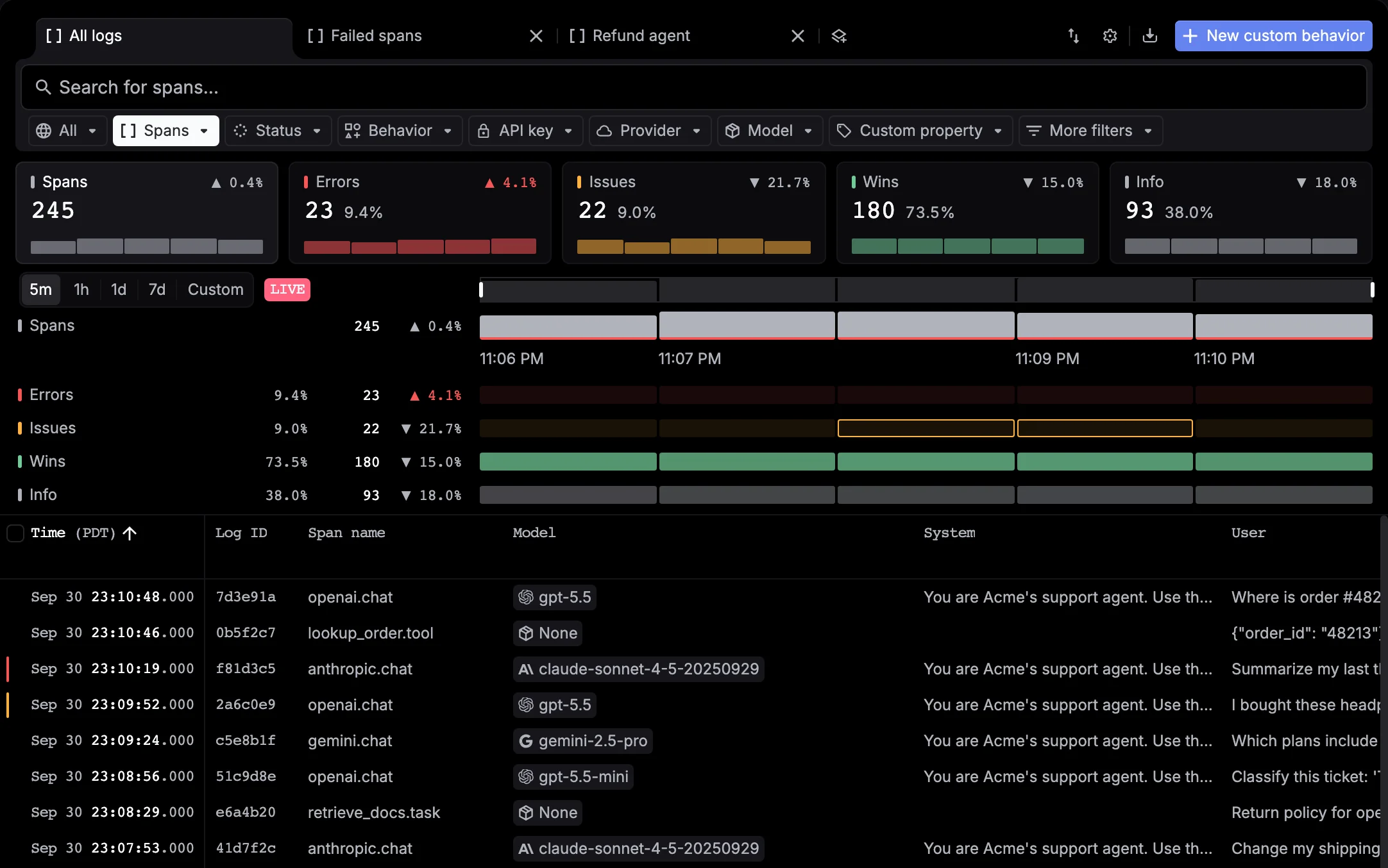 Logs with saved view tabs, the search field, the filter row, the signals panel and the span table