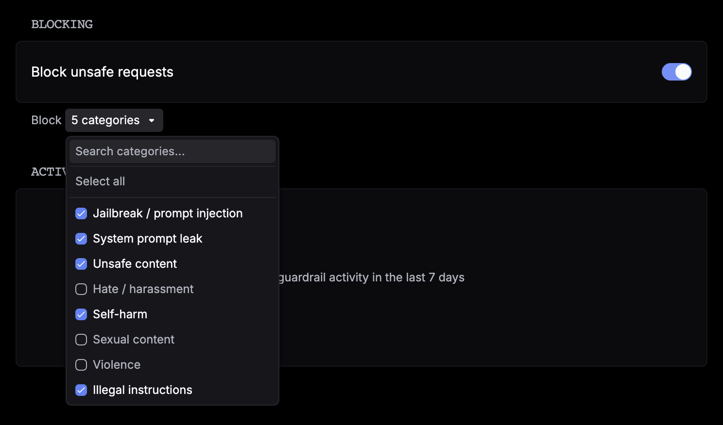 The Guardrails tab with Block unsafe requests turned on and the Block menu open, listing the eight categories with five of them checked