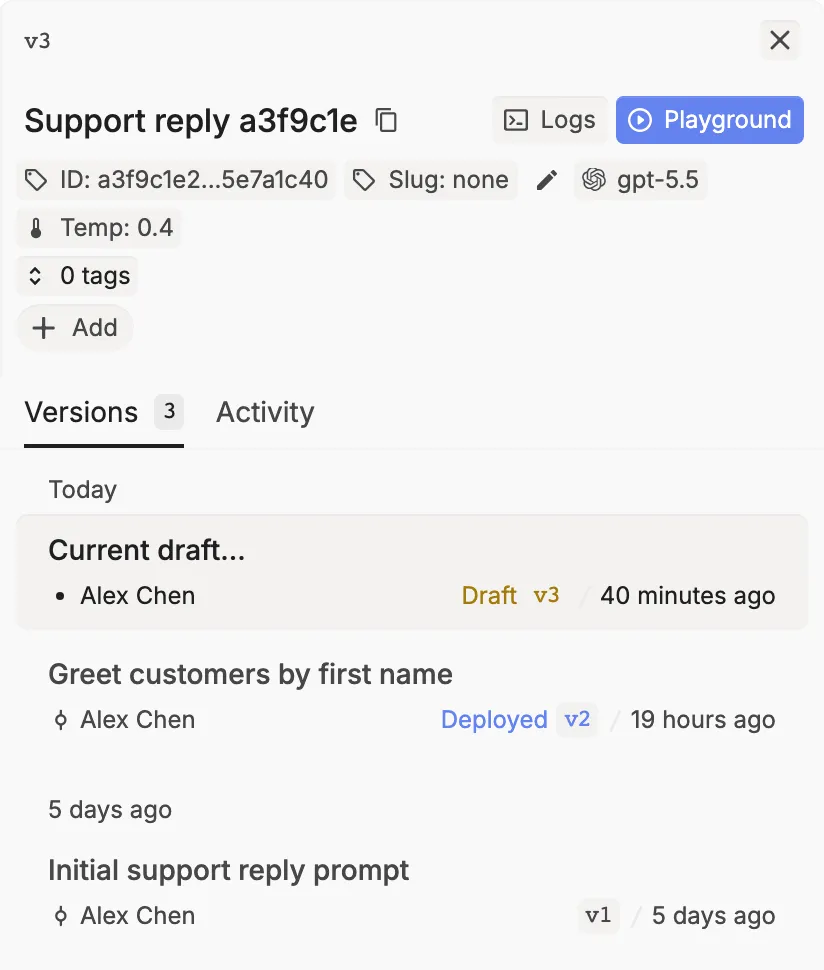 The versions pane: the current draft (v3), the deployed version (v2), and an older version (v1), each with its commit message and author