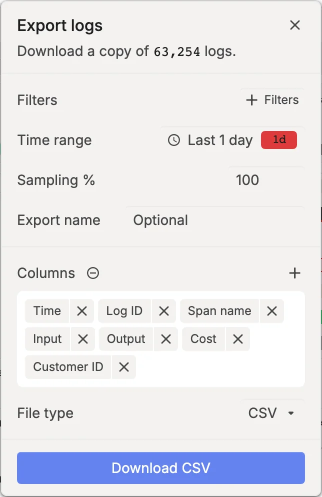 The Export logs form with Filters, Time range, Sampling %, Export name, Columns, File type and Download CSV