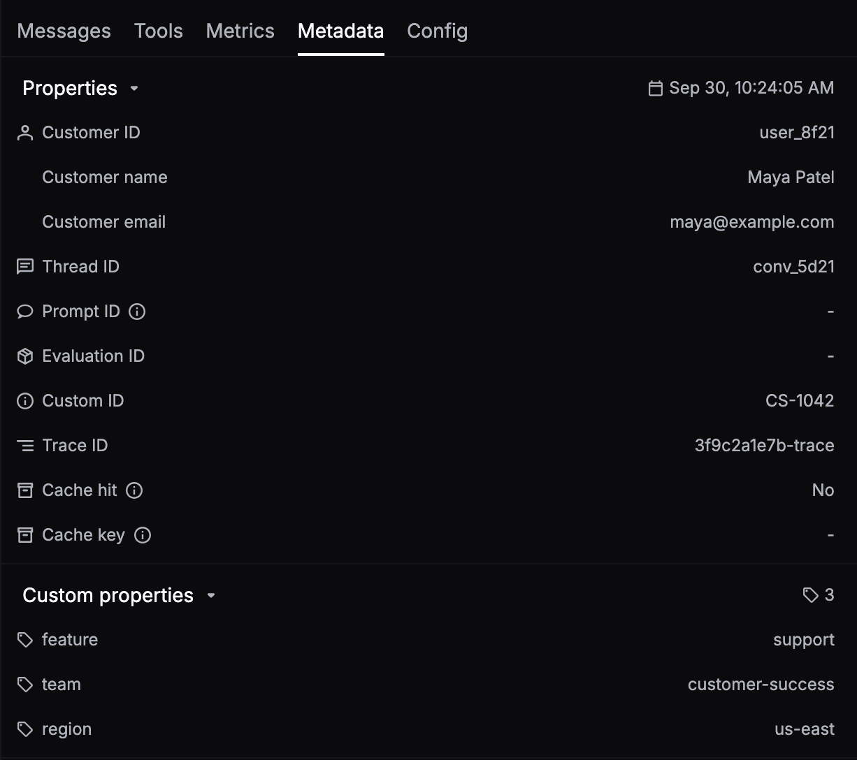 The Metadata tab of a span, showing Customer ID, Thread ID and Custom ID under Properties, and feature, team and region under Custom properties
