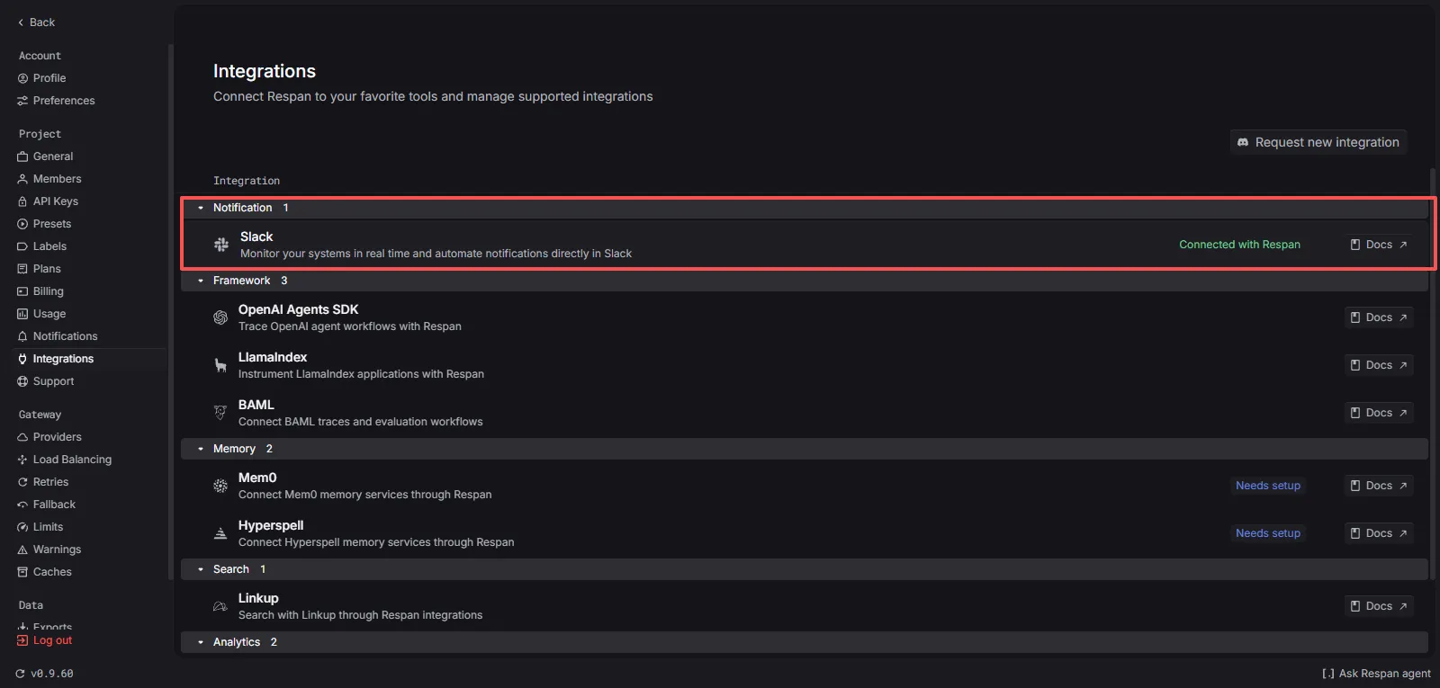Integrations page showing Slack connected to a workspace