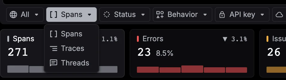 The grouping control open with Spans, Traces and Threads