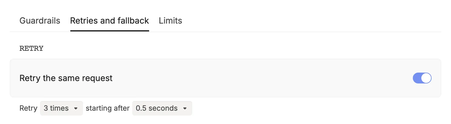 The Retries and fallback tab of Routing config, with Retry the same request turned on, set to retry 3 times starting after 0.5 seconds