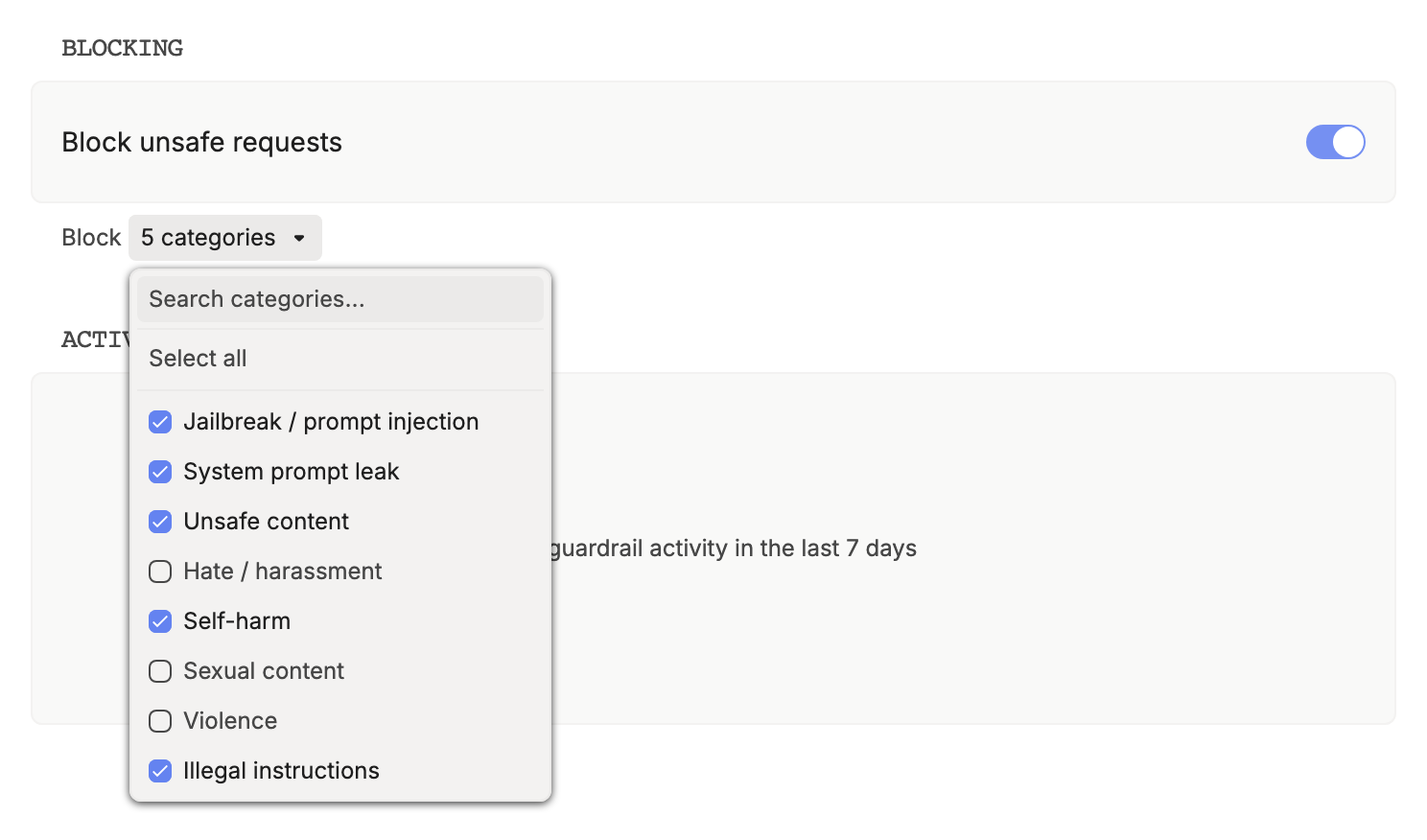 The Guardrails tab with Block unsafe requests turned on and the Block menu open, listing the eight categories with five of them checked