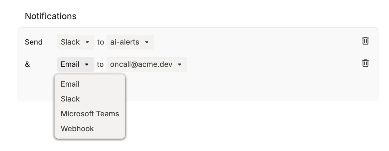 A notification row's channel menu with Email, Slack, Microsoft Teams, and Webhook