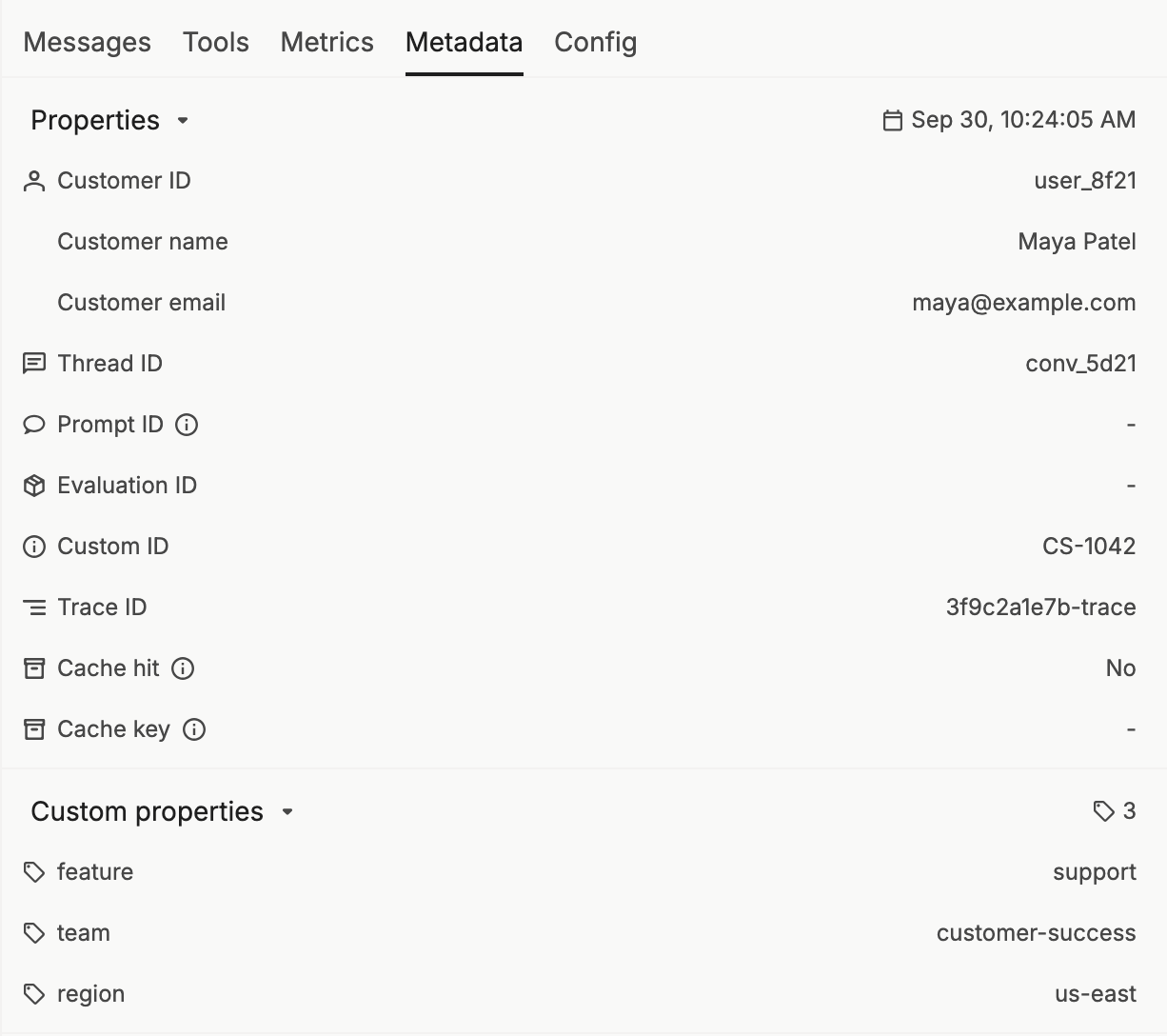The Metadata tab of a span, showing Customer ID, Thread ID and Custom ID under Properties, and feature, team and region under Custom properties