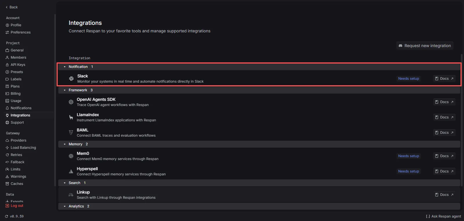 Slack row on the Respan Integrations page