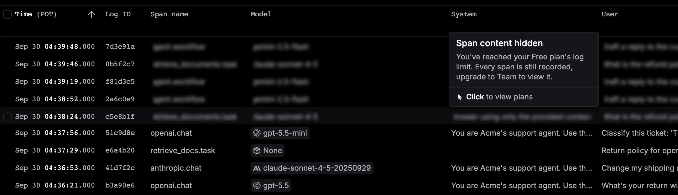The newest spans blurred in the table, with the Span content hidden tooltip