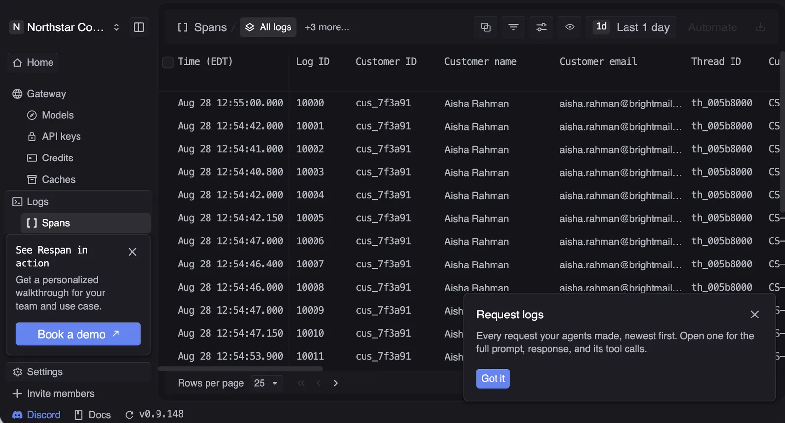 Respan demo workspace for logs.