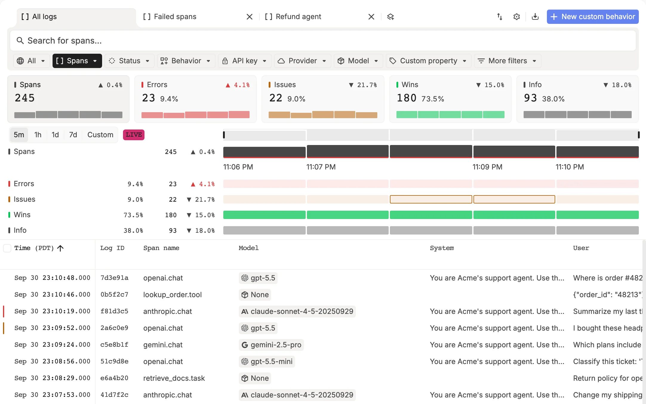 Logs with saved view tabs, the search field, the filter row, the signals panel and the span table