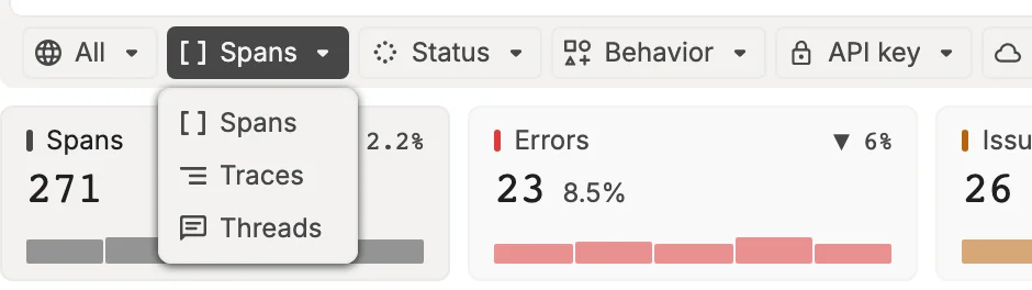 The grouping control open with Spans, Traces and Threads
