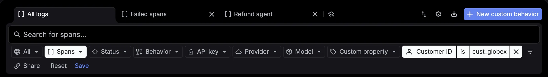 A Customer ID filter on All logs, followed by Share, Reset and Save
