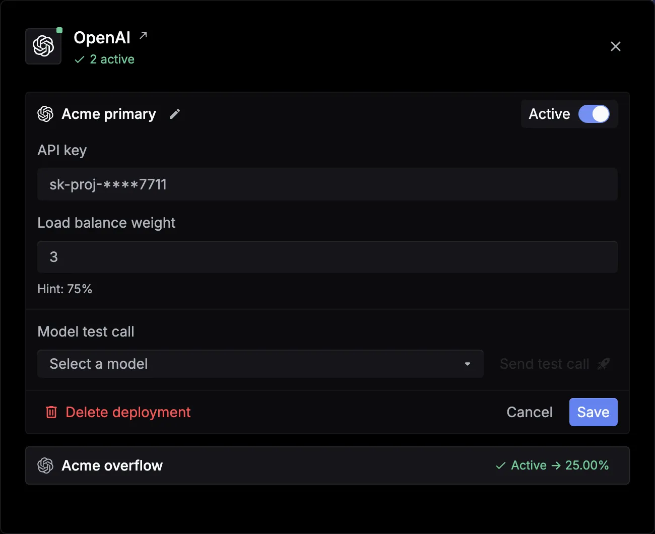 An OpenAI deployment named Acme primary with Load balance weight 3 and a hint of 75%, above a second deployment, Acme overflow, at 25%