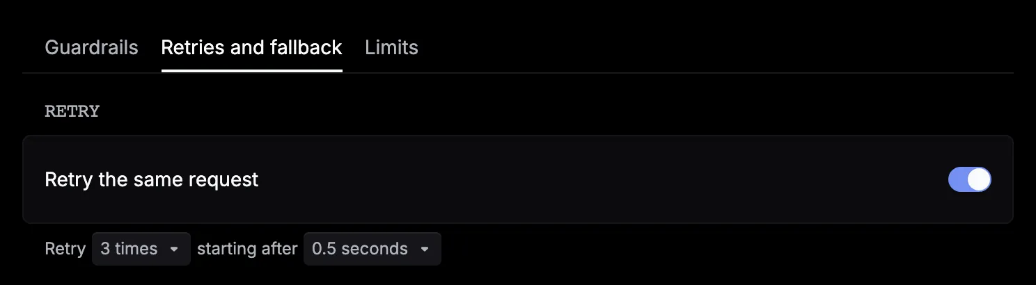 The Retries and fallback tab of Routing config, with Retry the same request turned on, set to retry 3 times starting after 0.5 seconds