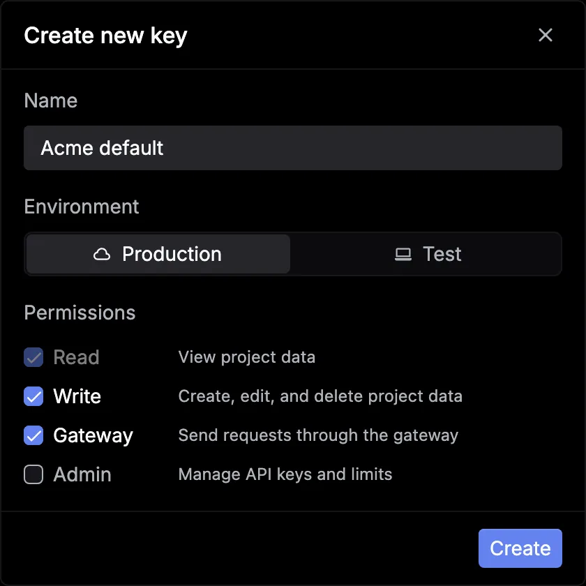 The Create new key dialog with Name, Environment (Production or Test), and Permissions: Read, Write, Gateway, and Admin