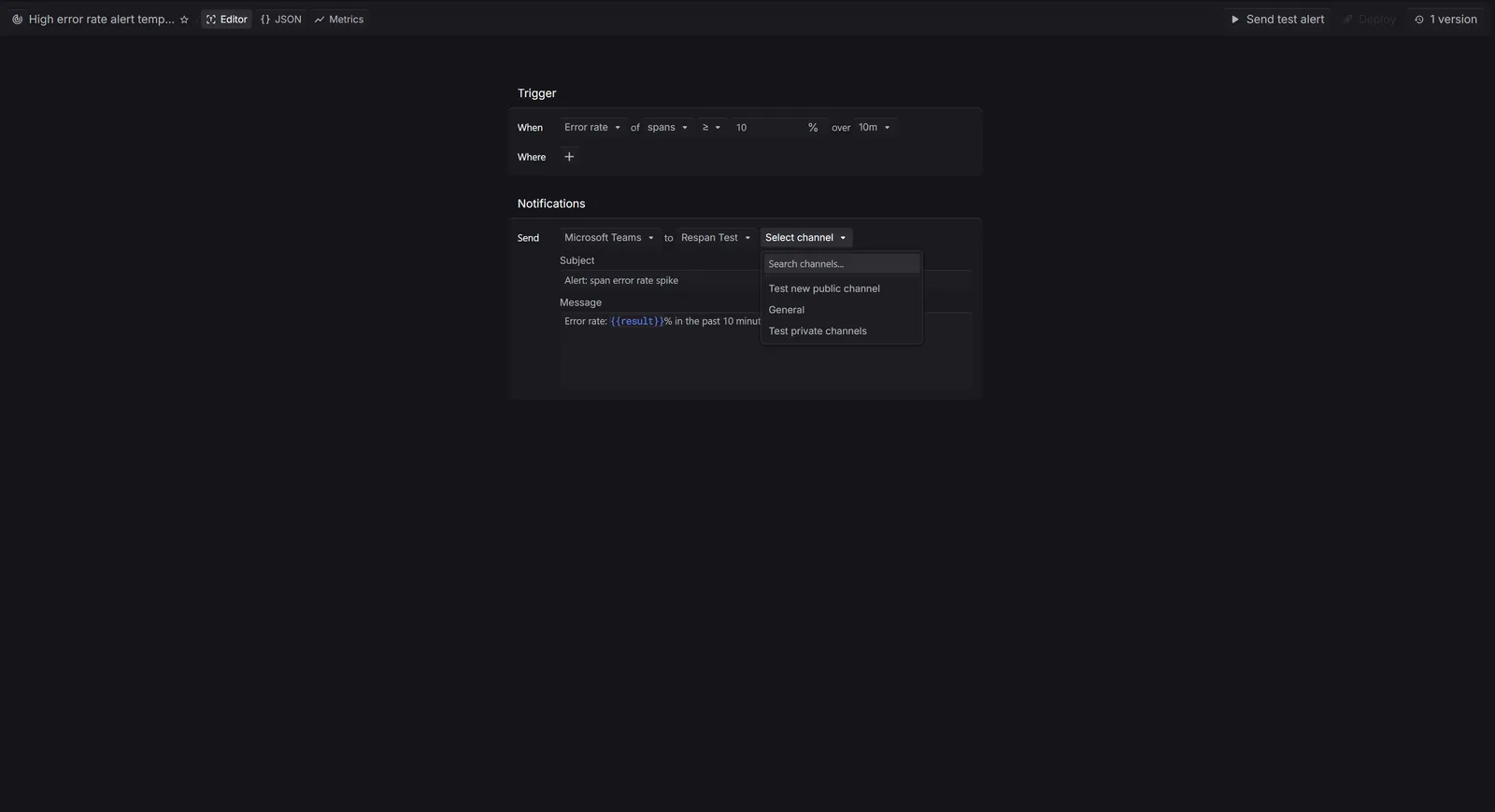 Team and channel picker dropdowns for Microsoft Teams notifications in Respan
