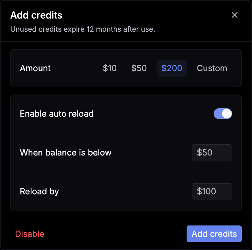 The Add credits dialog with $200 selected and auto reload on: reload by $100 when the balance is below $50