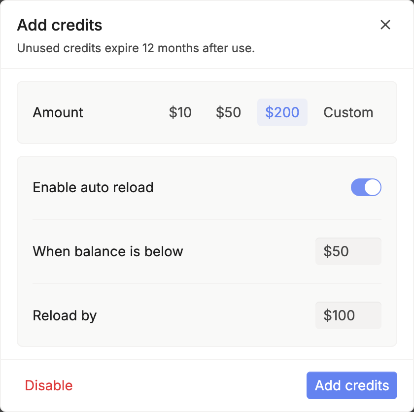 The Add credits dialog with $200 selected and auto reload on: reload by $100 when the balance is below $50