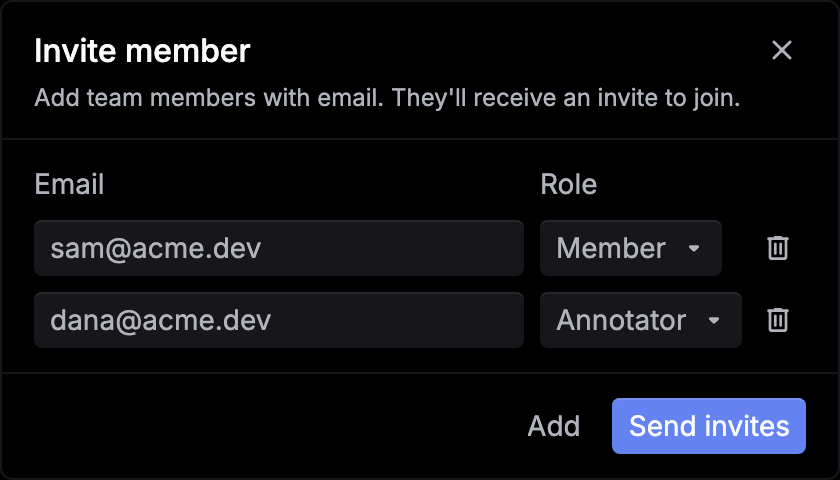 The Invite member dialog with two rows of email and role, and the Add and Send invites buttons