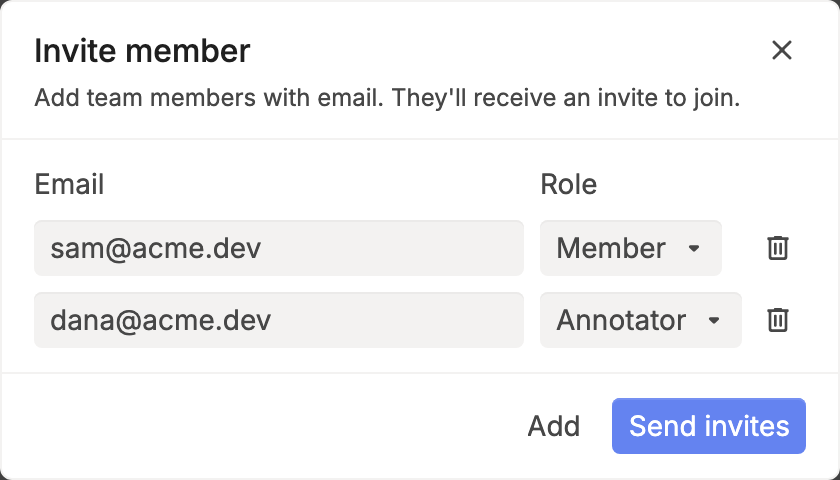 The Invite member dialog with two rows of email and role, and the Add and Send invites buttons