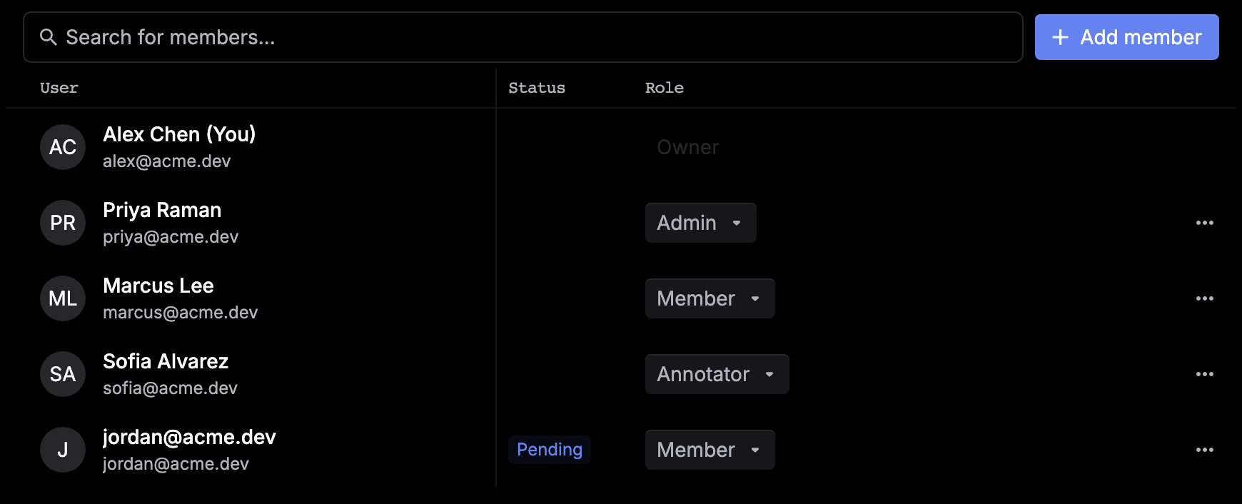 The Members page listing each user with their email, a Pending tag for unaccepted invitations, and a role dropdown
