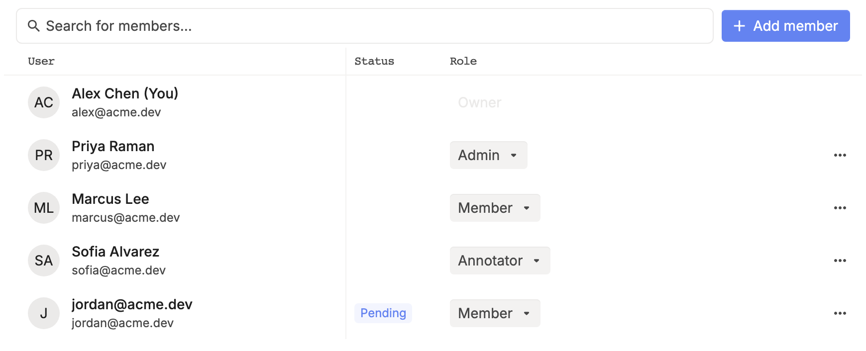 The Members page listing each user with their email, a Pending tag for unaccepted invitations, and a role dropdown