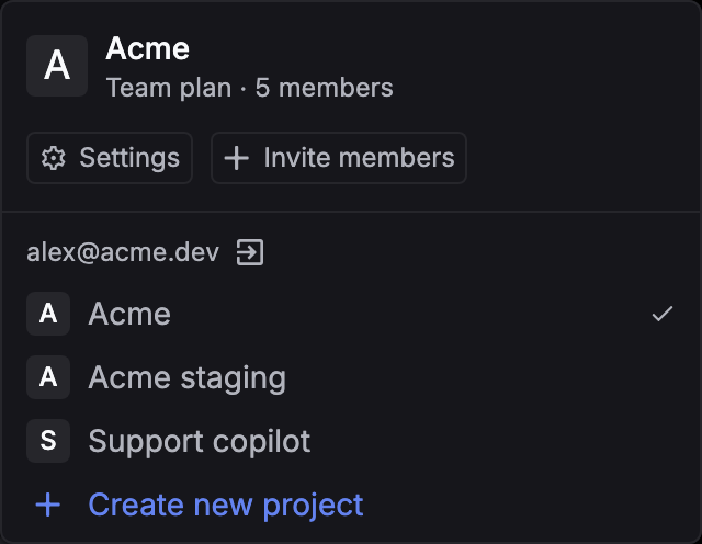 The project menu showing the current project with Settings and Invite members buttons, a list of projects with a checkmark on the current one, and Create new project