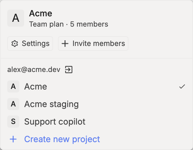 The project menu showing the current project with Settings and Invite members buttons, a list of projects with a checkmark on the current one, and Create new project