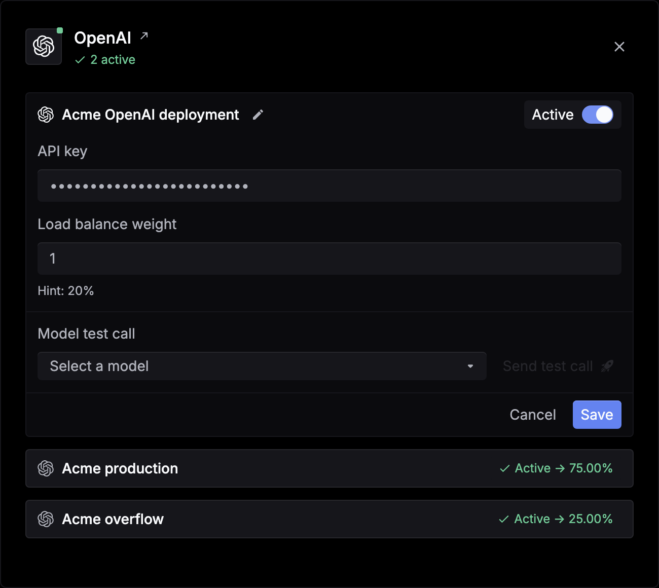 The OpenAI provider dialog with a new deployment form: API key, Load balance weight with a 20% hint, and Model test call, above two existing deployments at 75% and 25%