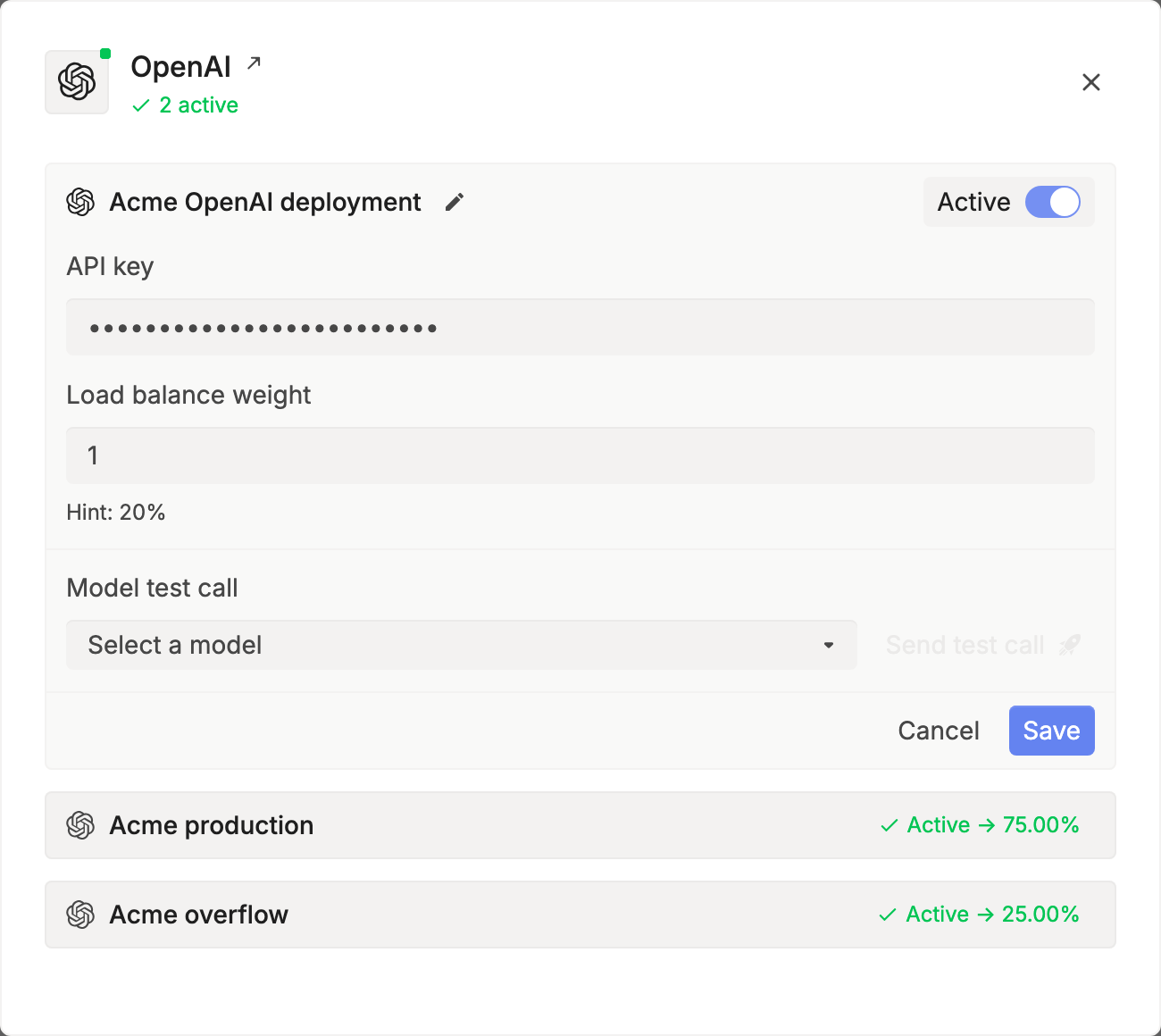 The OpenAI provider dialog with a new deployment form: API key, Load balance weight with a 20% hint, and Model test call, above two existing deployments at 75% and 25%