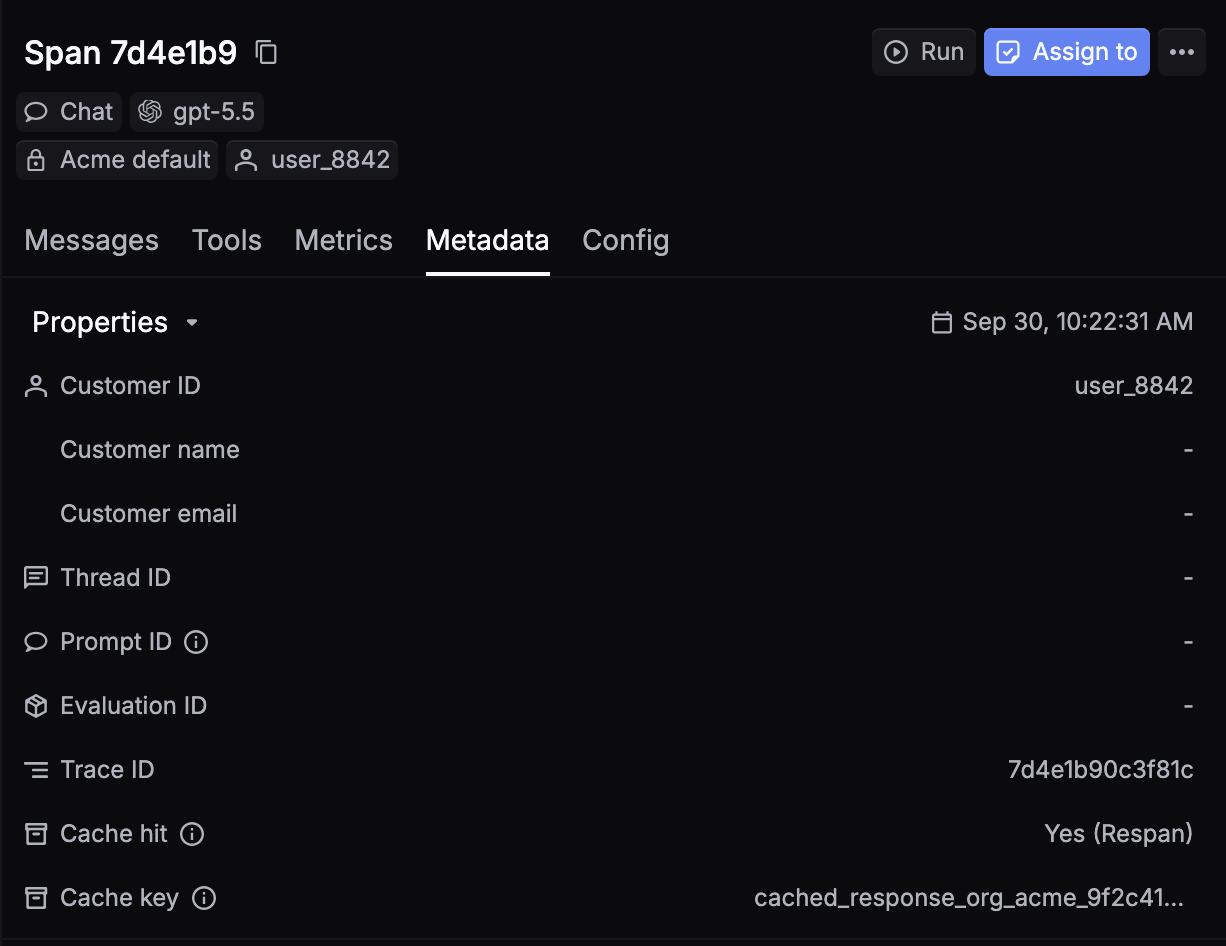 The Metadata tab of a request, with Cache hit set to Yes (Respan) and the cache key below it