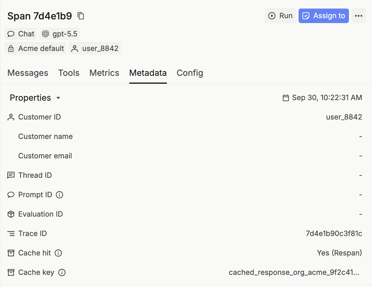 The Metadata tab of a request, with Cache hit set to Yes (Respan) and the cache key below it