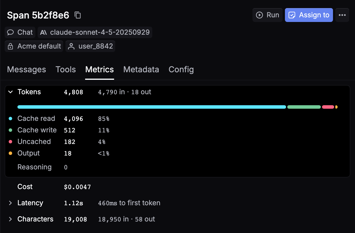 The Metrics tab of an Anthropic request with Tokens expanded: Cache read 4,096, Cache write 512, Uncached 182, Output 18