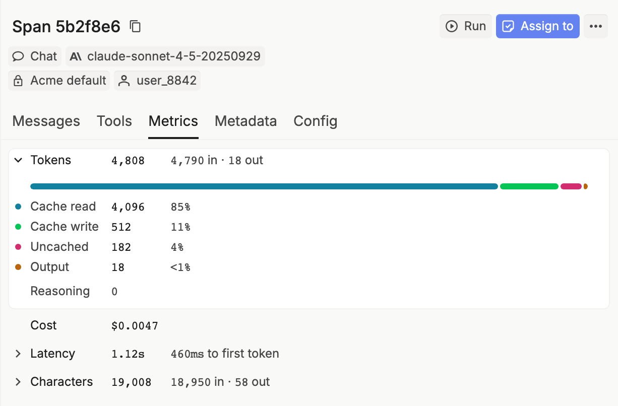 The Metrics tab of an Anthropic request with Tokens expanded: Cache read 4,096, Cache write 512, Uncached 182, Output 18