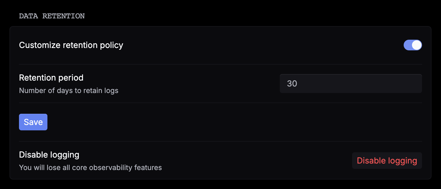 The Data retention section in Settings, General, with Customize retention policy turned on, a 30-day Retention period, a Save button, and Disable logging