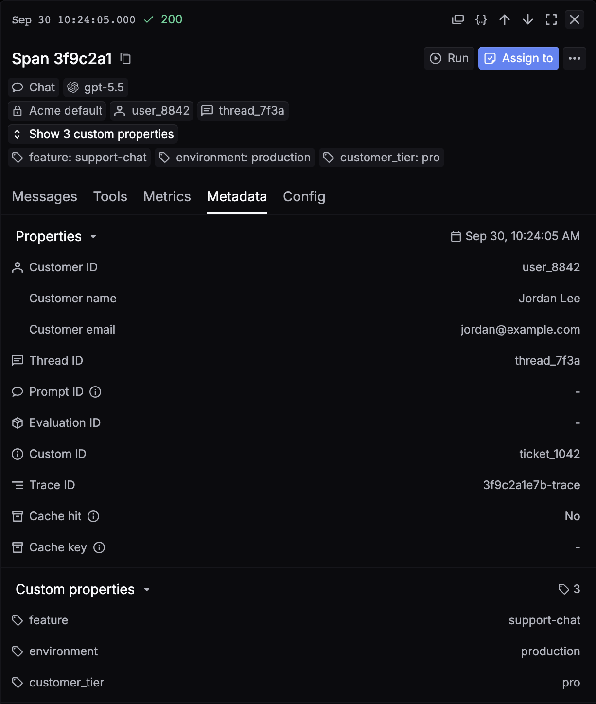 A span's Metadata tab in Logs: Properties with Customer ID, Customer name, Customer email, Thread ID, and Custom ID, and Custom properties with feature, environment, and customer_tier