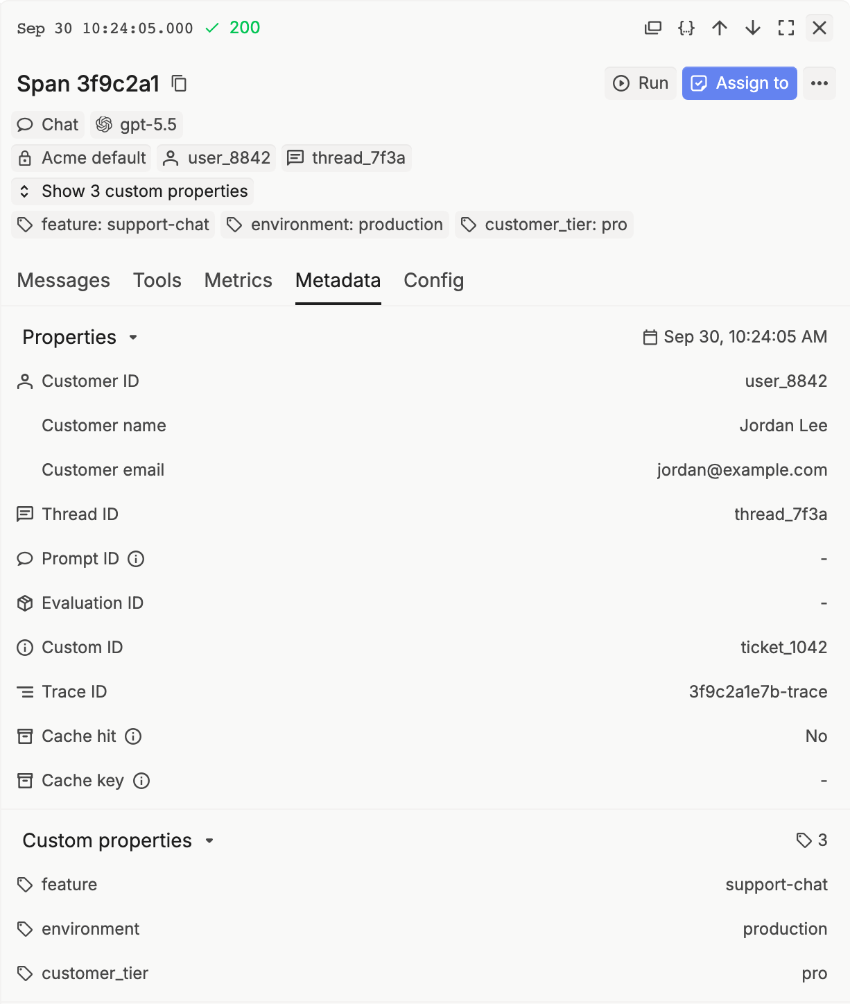 A span's Metadata tab in Logs: Properties with Customer ID, Customer name, Customer email, Thread ID, and Custom ID, and Custom properties with feature, environment, and customer_tier