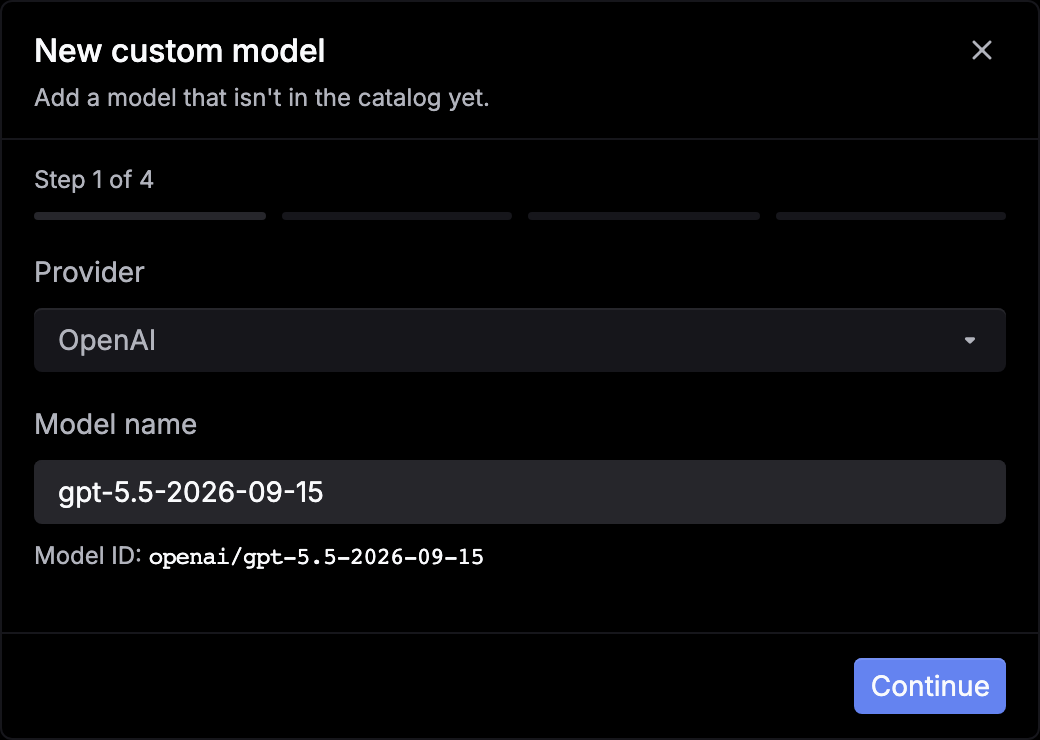 The New custom model dialog, step 1 of 4, with Provider set to OpenAI, Model name gpt-5.5-2026-09-15, and the Model ID openai/gpt-5.5-2026-09-15