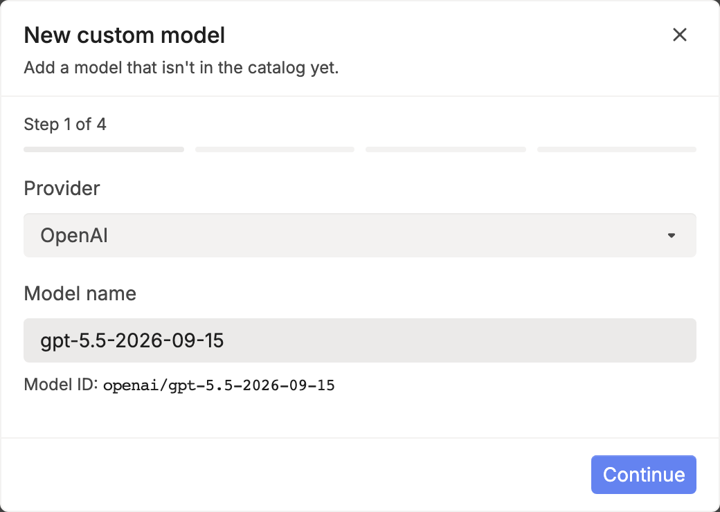 The New custom model dialog, step 1 of 4, with Provider set to OpenAI, Model name gpt-5.5-2026-09-15, and the Model ID openai/gpt-5.5-2026-09-15