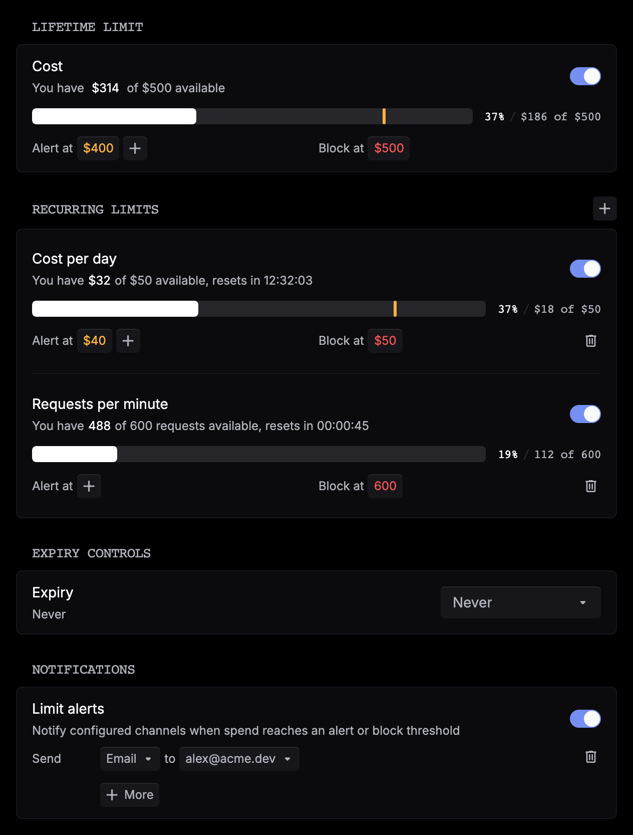 An API key's limits: a $500 lifetime cost limit with an alert at $400, recurring limits for cost per day and requests per minute with usage bars and reset countdowns, expiry set to Never, and limit alerts sent by email to alex@acme.dev