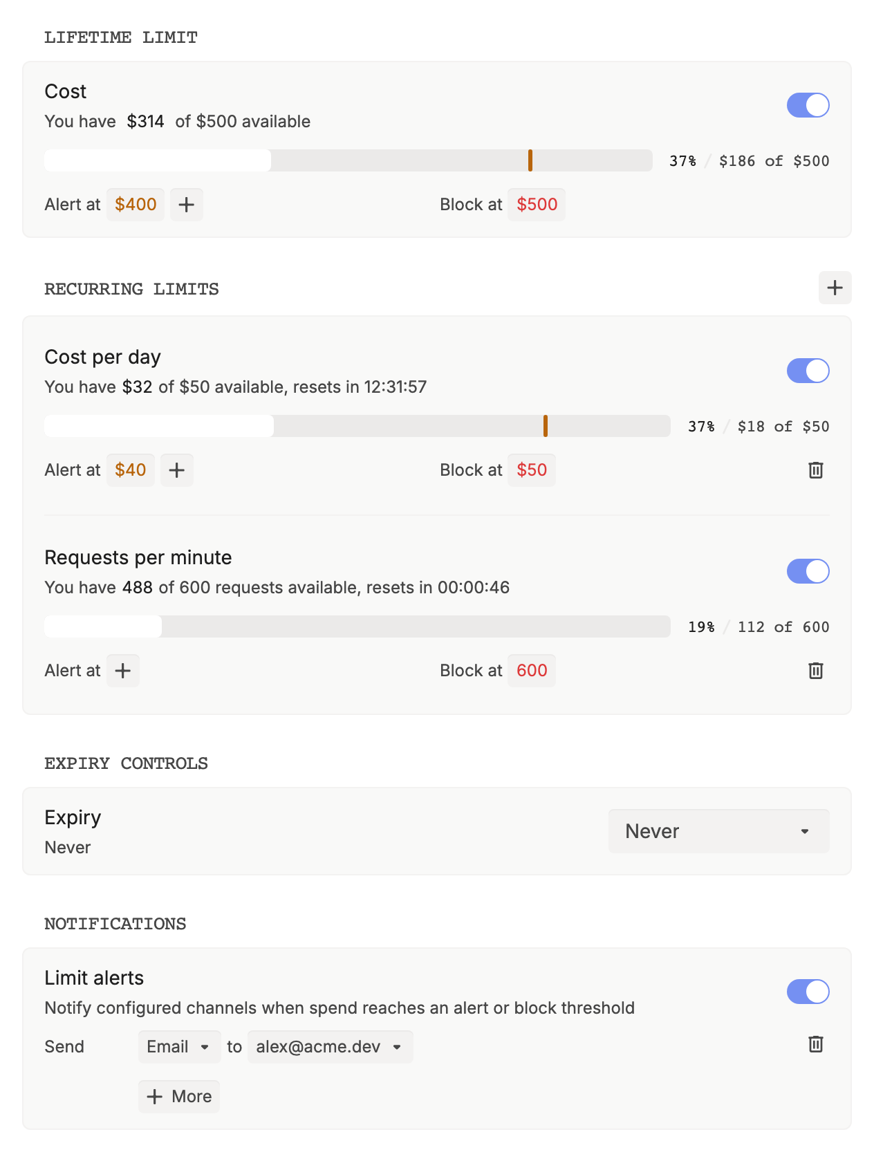 An API key's limits: a $500 lifetime cost limit with an alert at $400, recurring limits for cost per day and requests per minute with usage bars and reset countdowns, expiry set to Never, and limit alerts sent by email to alex@acme.dev
