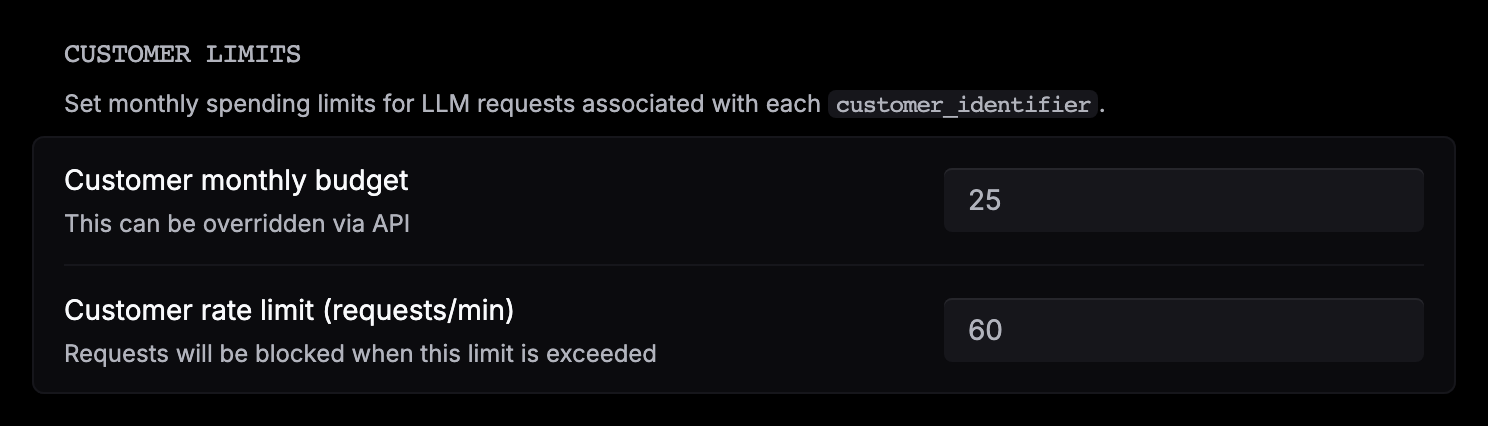 Customer limits: Customer monthly budget set to 25 and Customer rate limit (requests/min) set to 60