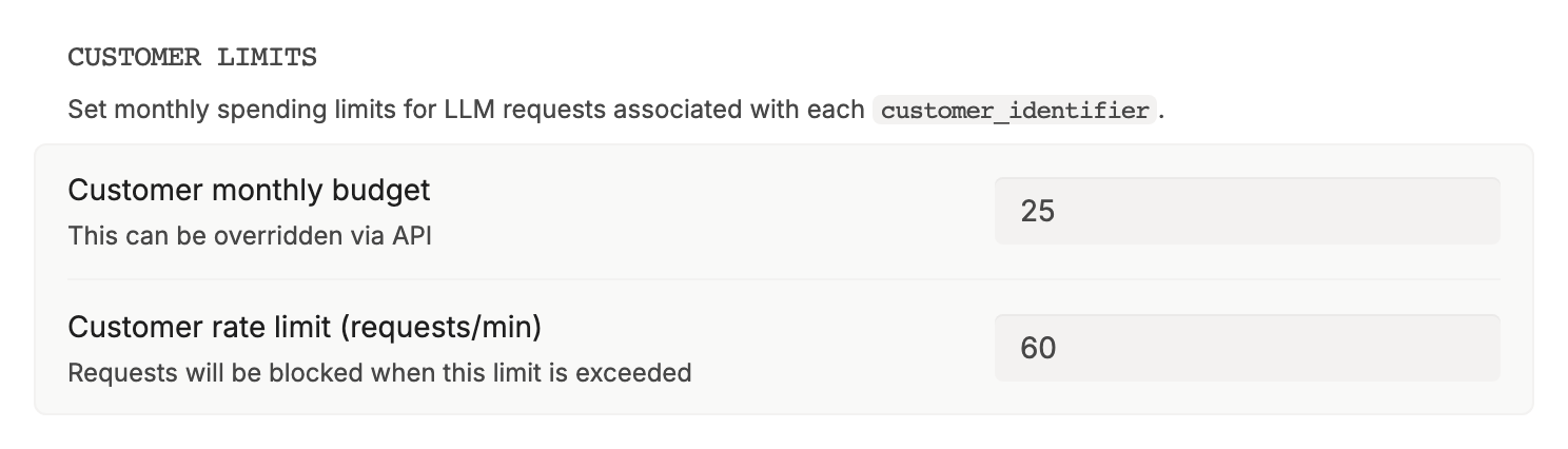 Customer limits: Customer monthly budget set to 25 and Customer rate limit (requests/min) set to 60