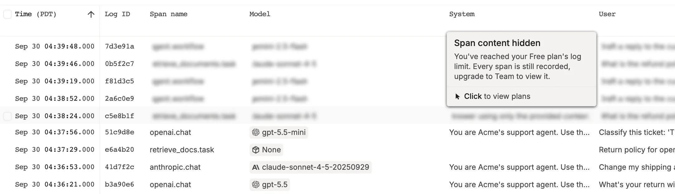 The newest spans blurred in the table, with the Span content hidden tooltip