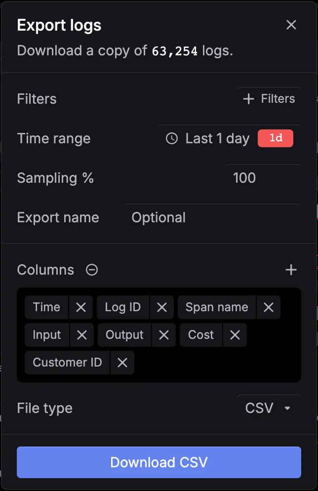 The Export logs form with Filters, Time range, Sampling %, Export name, Columns, File type and Download CSV
