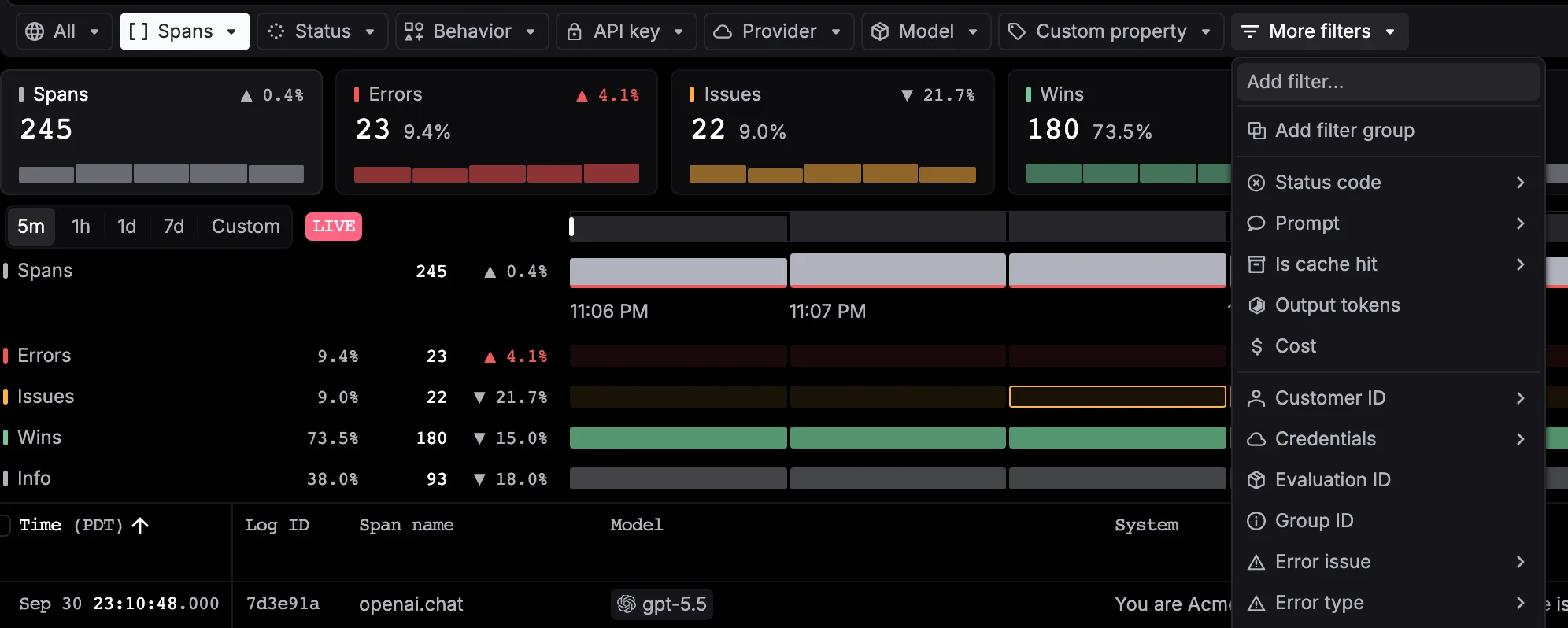 The More filters menu open under the filter row, with Add filter group and fields such as Status code, Cost and Customer ID